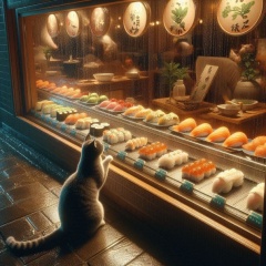 Tokyo Nightlife: Sushi Restaurant Ambiance with Cat in Rain
