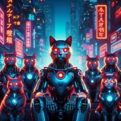 Cybernetic Felines: The Cats of Terminator in Futuristic Neon Cityscape