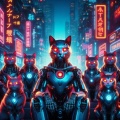 Cybernetic Felines: The Cats of Terminator in Futuristic Neon Cityscape