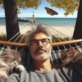 Reflective Moment: Elderly Man Relaxing in Hammock with Cats by the Lake