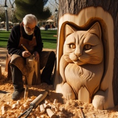 Master Carver's Legacy: Intricate Cat Sculpture in Wood