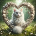 Enchanting Fluffy White Cat in Heart-Shaped Nature Oasis