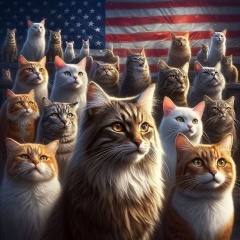 American Cats: Photorealistic Group Portrait in Front of US Flag