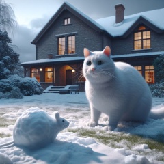 Snow Mouse and White Cat: Playful Encounter in a Winter Backyard
