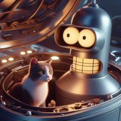 Bender (Futurama) and Cat in a Device with Open Latch
