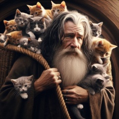 Gandalf's Furry Burden: Photorealistic Scene of Gandalf Carrying 15 Cats Through Hobbiton