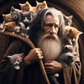 Gandalf's Furry Burden: Photorealistic Scene of Gandalf Carrying 15 Cats Through Hobbiton