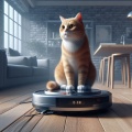 Surprised Cat Riding Robot Vacuum: Photorealistic Cinematic Image