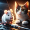 Digital Intrigue: Cat Observing a Curious Mouse and USB Connection