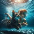 Underwater Companions: Photorealistic Image of a Cat and Toddler Swimming Together in a Pool