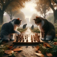 Cinematic Encounter: Two Cats Engage in Chess Battle at the Park