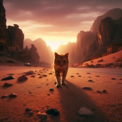 Solitude in Wadi Rum: Photorealistic Image of a Lonely Cat at Sunset