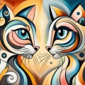 Whimsical Picasso Style Abstract Painting of Two Cats in Blue and Yellow