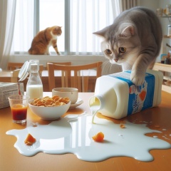 Chaos at Breakfast: Spilled Milk, Curious Cat, and Scattered Ingredients