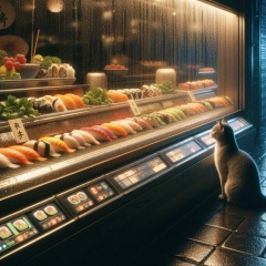 Tokyo Night: Sushi Delights and Curious Cat in Rain