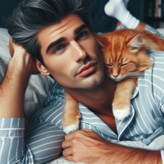 Middle-Aged Man in PJs with Sleeping Cat