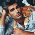 Middle-Aged Man in PJs with Sleeping Cat