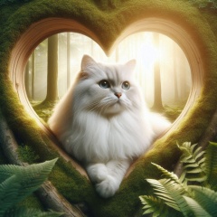Fluffy White Cat in Heart-Shaped Haven