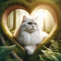 Fluffy White Cat in Heart-Shaped Haven