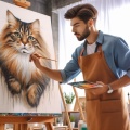 Creative Expression: Young Artist Painting a Cat Breaking the Third Wall