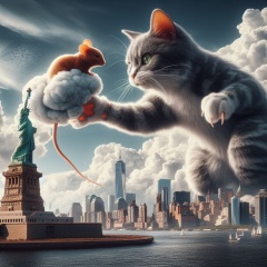 Giant Cat and the Statue of Liberty: Chasing Mouse Cloud in NYC Skyline