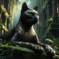Ancient Mystique: Photorealistic AI Generated Image of an Elegant Hieroglyphic Cat in Jungle Ruins