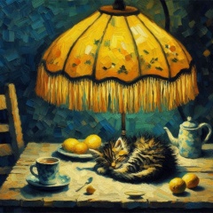 Post-Impressionist Delight: Matisse-Inspired Oil Painting with Kitten Sleeping Under Yellow Lampshade