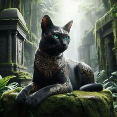 Glyphed Majesty: Obsidian Cat in Jungle