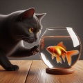 Curious Encounter: Black Cat and Goldfish in Glass