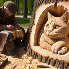 Masterful Wood Carving: Intricate Cat Sculpture by Skilled Artisan