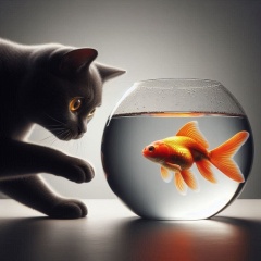  Curious Cat and the Goldfish