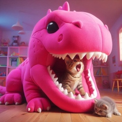 Whimsical Chaos: Tabby Kittens vs. Pink Dinosaur Plushie - A Playroom Comedy