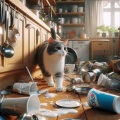 Kitchen Chaos: Cat Pacing with Yoghurt Cup, Utensils Scattered