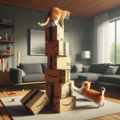 Cinematic Cat Chaos: Tower of Amazon Boxes