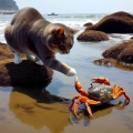 Playful Encounter: Gray Cat and Red Crab at Sandy Tidepool