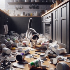 Kitchen Chaos: Playful Cat Amidst Utensil Avalanche