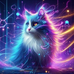 Neon Cyberpunk Cat: Electric Blue & Purple Fur in Futuristic Landscape