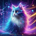 Neon Cyberpunk Cat: Electric Blue & Purple Fur in Futuristic Landscape