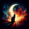 Lunar Reverie: Surreal Digital Illustration of a Photorealistic Cat Silhouette in a Psychedelic Night Garden