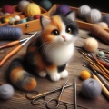 Photorealistic Felted Calico Cat: Artistic Crafting Scene with Felting Tools