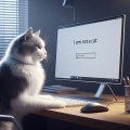 Cat Typing at Desk with 'I AM NOT A CAT' Message - Monochrome Home Office Scene