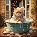 Grumpy Wet Cat in Copper Basin: A Warm Digital Embossed Painting