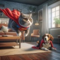 Super Kitty's Clumsy Flight: A Hilarious Encounter in the Living Room