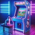 Neon Nostalgia: A Playful Encounter with Retro Gaming and Feline Charm