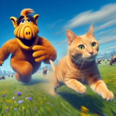 ALF Pursues a Speeding Orange Cat Across the Grasslands