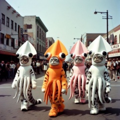 Feline Phantasmagoria: Cats in Squid Suits Roam 1968 Hollywood Streets