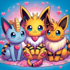 Purr-fectly Heartwarming: Three Adorable Cat Pokémon Hybrids on a Cozy Blanket