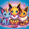 Purr-fectly Heartwarming: Three Adorable Cat Pokémon Hybrids on a Cozy Blanket