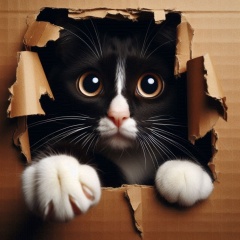 Whiskers and Wonder: Playful Tuxedo Cat Peeking Through Torn Cardboard Box