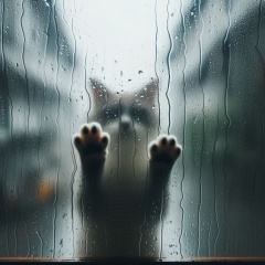 Rainy Day Serenity: A Cat's Gaze Through Streaked Glass